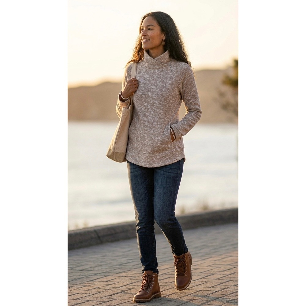 Prana Permafrost Cowl Neck Pullover Sweater Tan Space Dye Marl XS Raglan Pocket